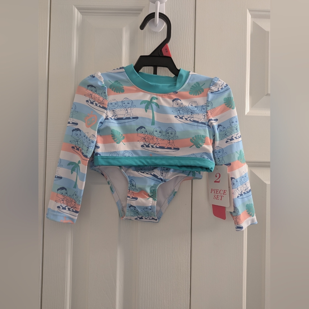 Cocomelon Toddler Girl Long Sleeve Rashguard Swim Set, Sizes 18 M And 2T.